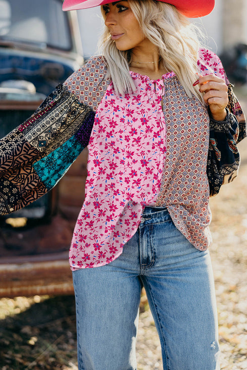 Boho Patchwork Print Tie Neck Bubble Sleeve Blouse
