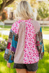 Boho Patchwork Print Tie Neck Bubble Sleeve Blouse