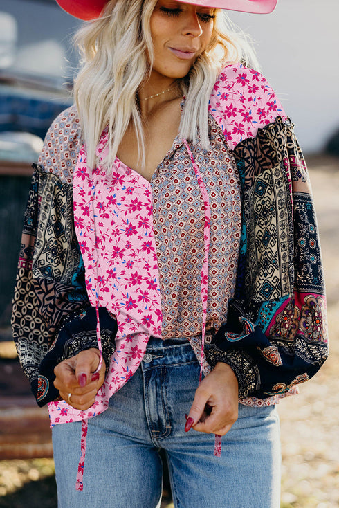 Boho Patchwork Print Tie Neck Bubble Sleeve Blouse