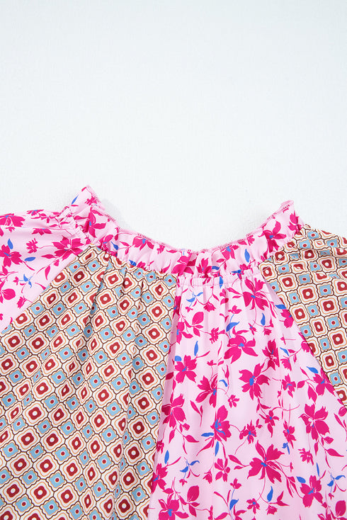Boho Patchwork Print Tie Neck Bubble Sleeve Blouse