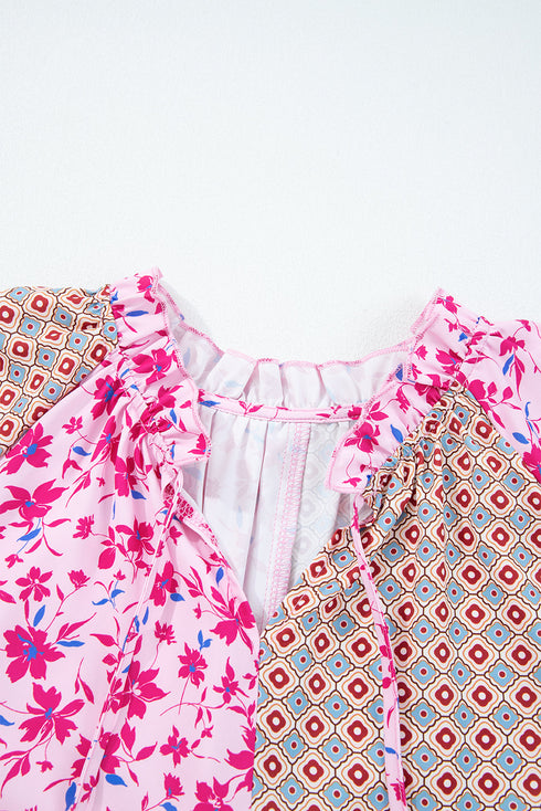 Boho Patchwork Print Tie Neck Bubble Sleeve Blouse