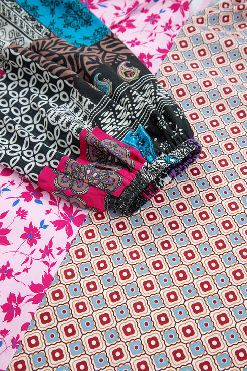 Boho Patchwork Print Tie Neck Bubble Sleeve Blouse
