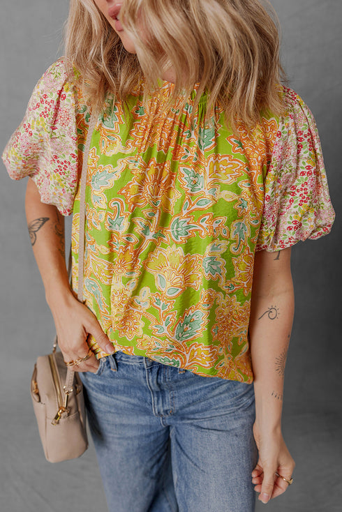 Boho Patchwork Puff Sleeve Paisley Blouse