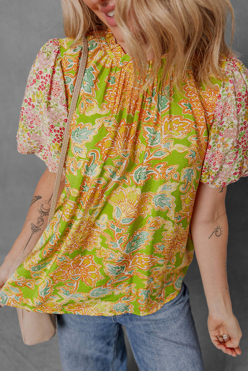 Boho Patchwork Puff Sleeve Paisley Blouse