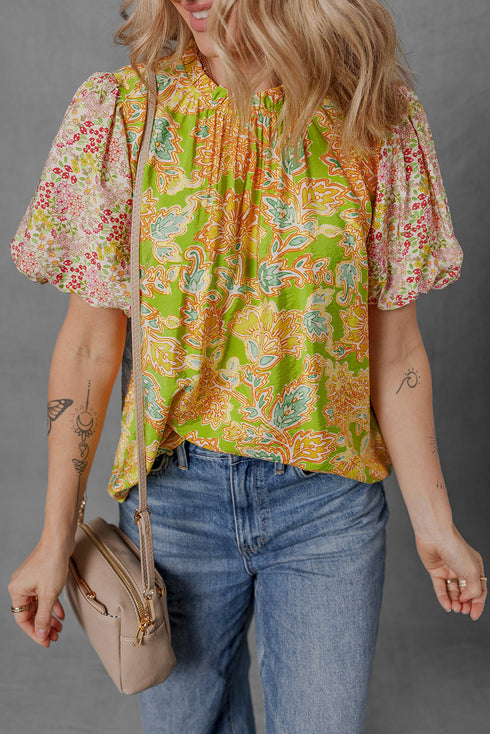 Boho Patchwork Puff Sleeve Paisley Blouse