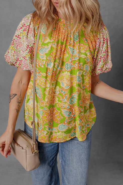 Boho Patchwork Puff Sleeve Paisley Blouse