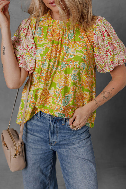 Boho Patchwork Puff Sleeve Paisley Blouse
