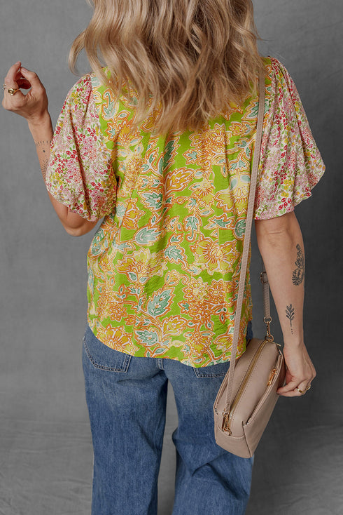 Boho Patchwork Puff Sleeve Paisley Blouse