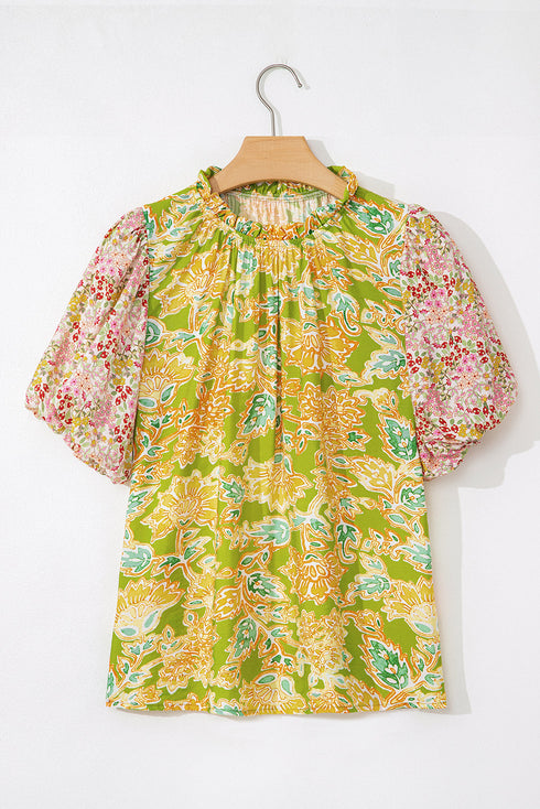 Boho Patchwork Puff Sleeve Paisley Blouse