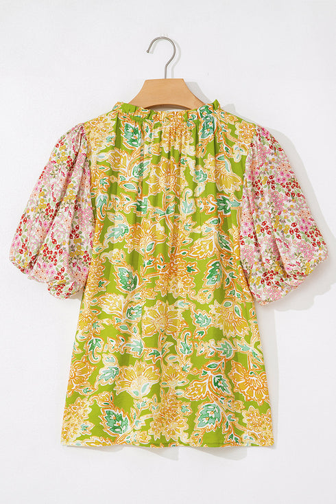 Boho Patchwork Puff Sleeve Paisley Blouse