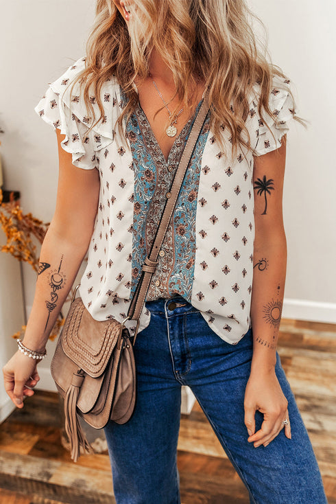 Boho Pattern Flutter Sleeve Paisley Trim Button Down Relaxed Blouse