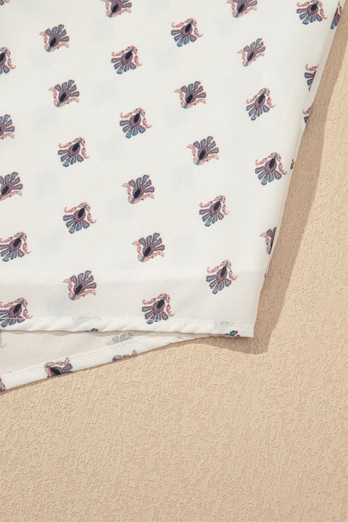 Boho Pattern Flutter Sleeve Paisley Trim Button Down Relaxed Blouse