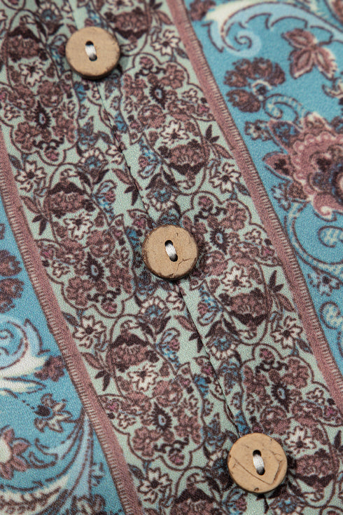 Boho Pattern Flutter Sleeve Paisley Trim Button Down Relaxed Blouse