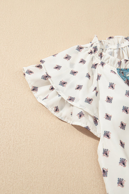 Boho Pattern Flutter Sleeve Paisley Trim Button Down Relaxed Blouse