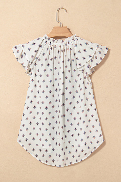 Boho Pattern Flutter Sleeve Paisley Trim Button Down Relaxed Blouse