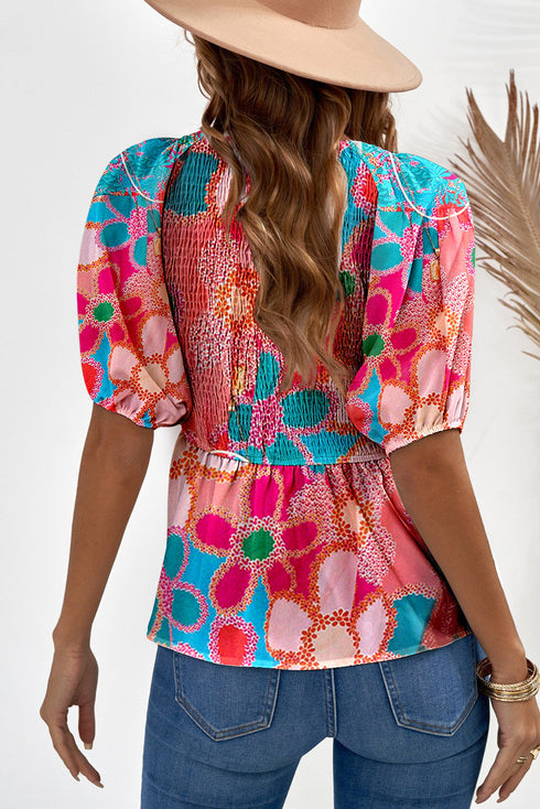 Boho Print Puff Sleeve Peplum Top