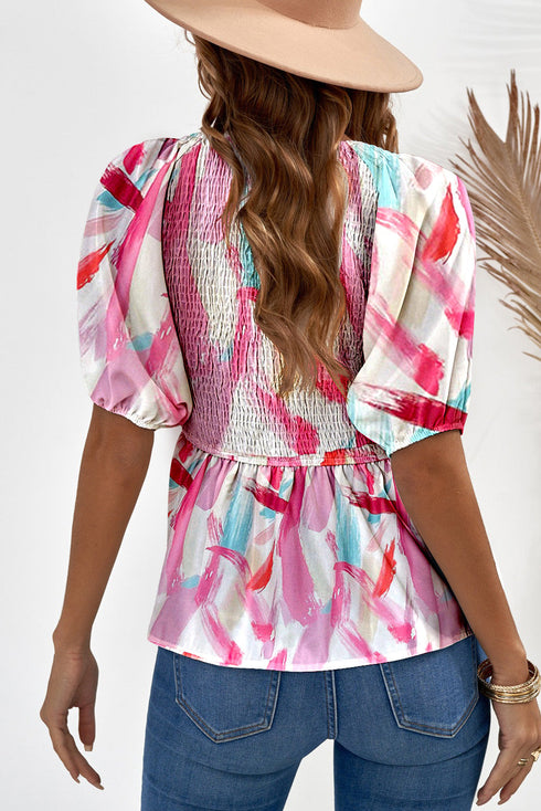 Boho Print Puff Sleeve Peplum Top