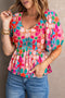 Boho Print Puff Sleeve Peplum Top