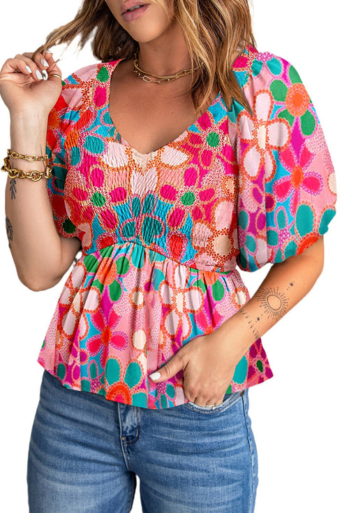 Boho Print Puff Sleeve Peplum Top