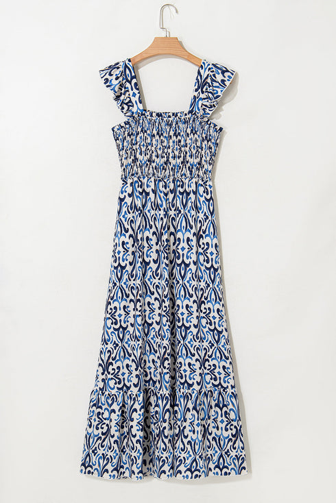 Boho Print Smocked High Waist Maxi Dress