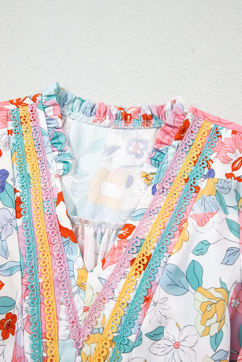Boho Ruffle V Neck Floral Embroidered Blouse
