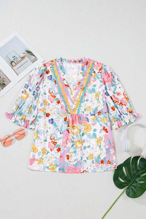 Boho Ruffle V Neck Floral Embroidered Blouse