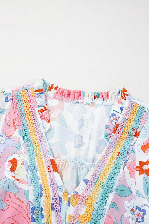 Boho Ruffle V Neck Floral Embroidered Blouse