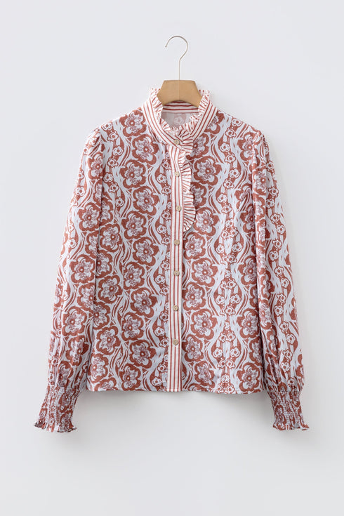 Boho Scroll Print Ruffled Placket Long Sleeve Blouse