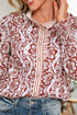 Boho Scroll Print Ruffled Placket Long Sleeve Blouse