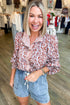 Boho Scroll Print Ruffled Placket Long Sleeve Blouse