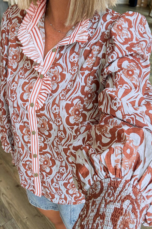 Boho Scroll Print Ruffled Placket Long Sleeve Blouse