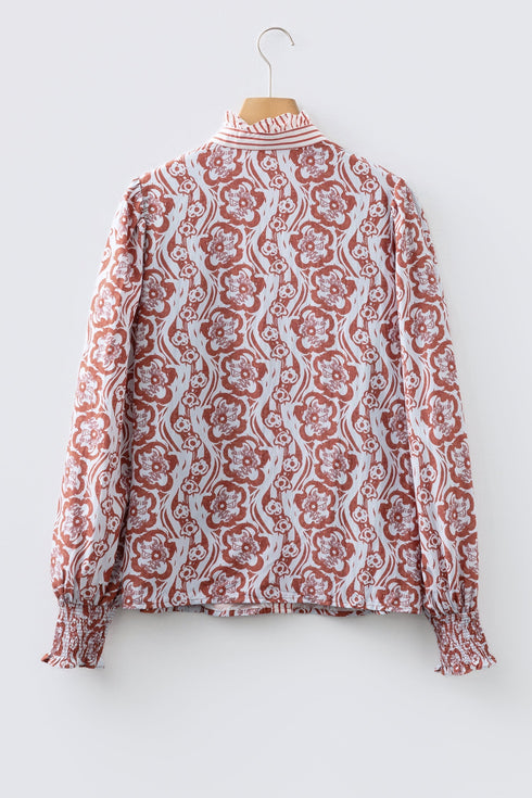 Boho Scroll Print Ruffled Placket Long Sleeve Blouse