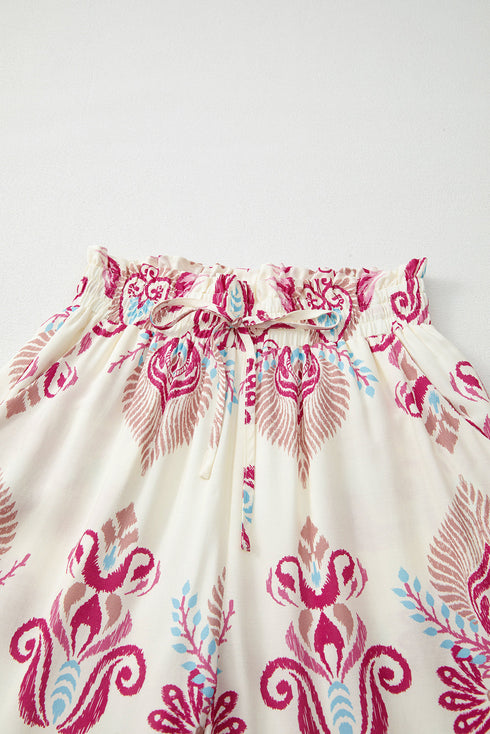 Boho Shirred Waist Wide Leg Flowy Pants in Rose Print
