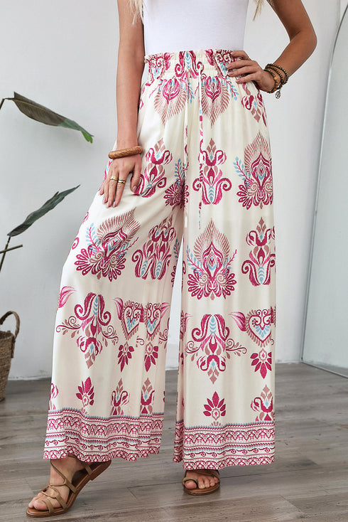 Boho Shirred Waist Wide Leg Flowy Pants in Rose Print