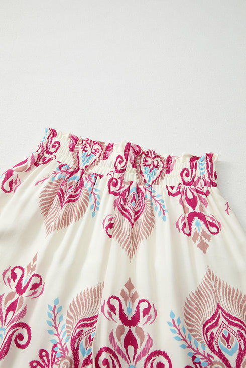 Boho Shirred Waist Wide Leg Flowy Pants in Rose Print