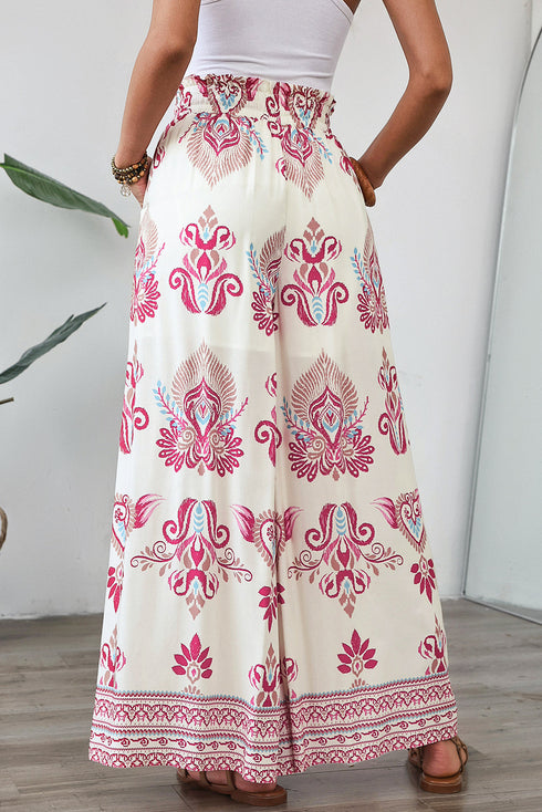 Boho Shirred Waist Wide Leg Flowy Pants in Rose Print