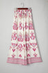 Boho Shirred Waist Wide Leg Flowy Pants in Rose Print