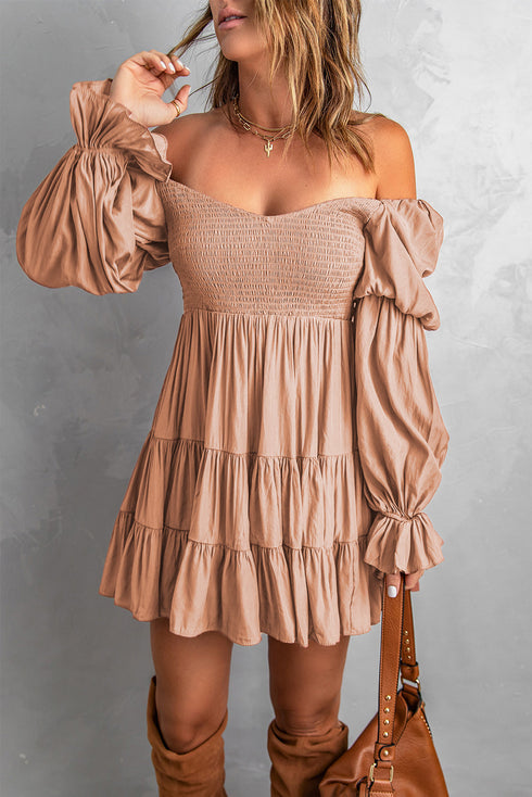 Boho Solid Shirred Ruffle Mini Dress