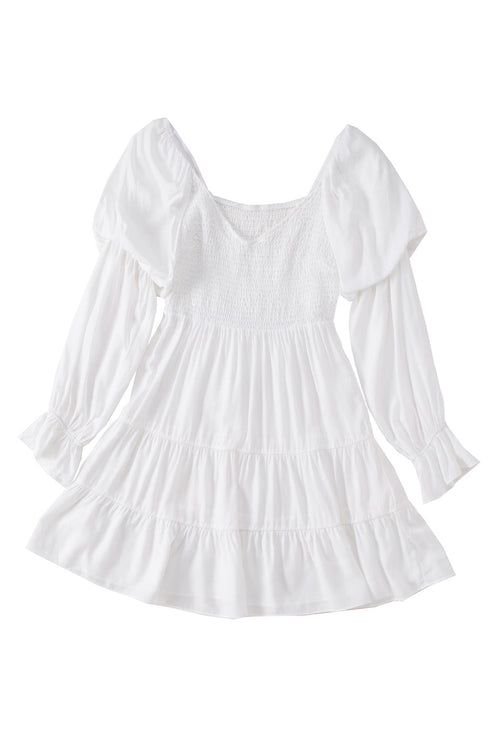 Boho Solid Shirred Ruffle Mini Dress