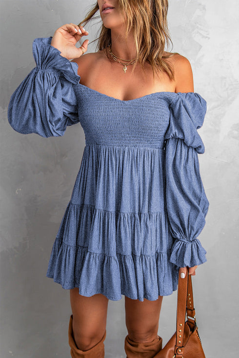 Boho Solid Shirred Ruffle Mini Dress