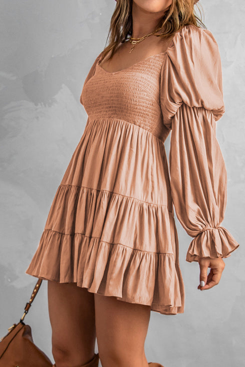 Boho Solid Shirred Ruffle Mini Dress
