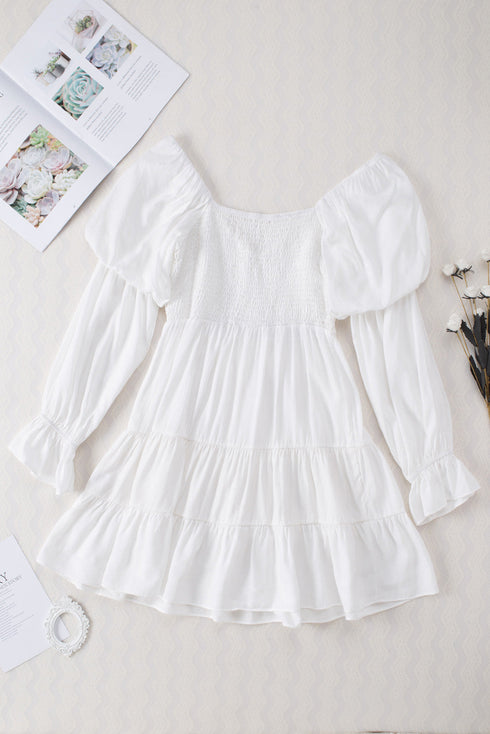Boho Solid Shirred Ruffle Mini Dress