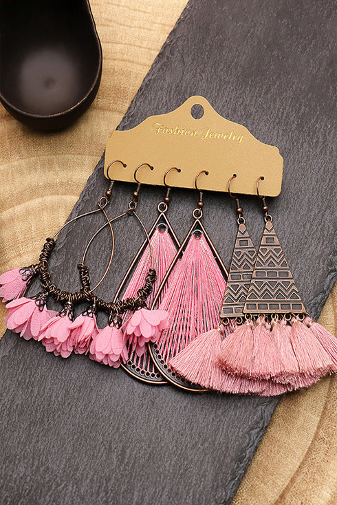 Boho Tassel Fringe Geometric Floral Dangle Earring Set