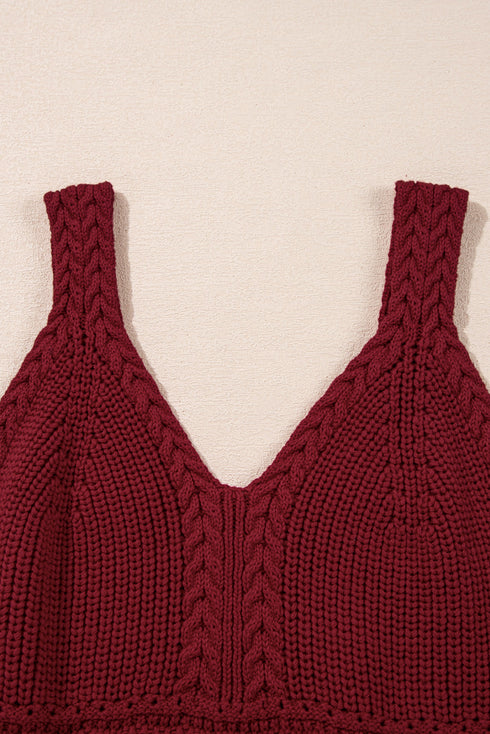 Boho Textured Cable V Neck Sleeveless Knit Tank Top