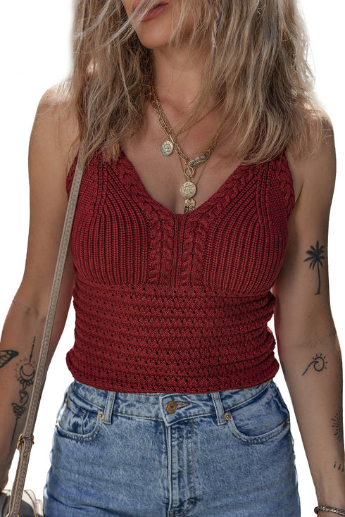 Boho Textured Cable V Neck Sleeveless Knit Tank Top