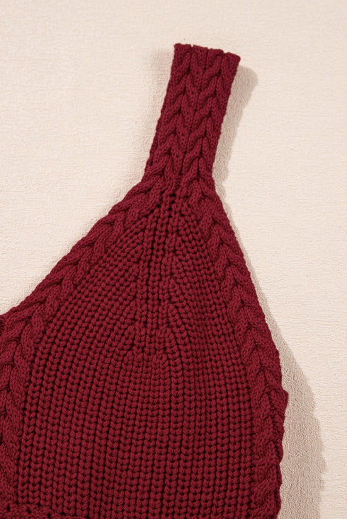 Boho Textured Cable V Neck Sleeveless Knit Tank Top