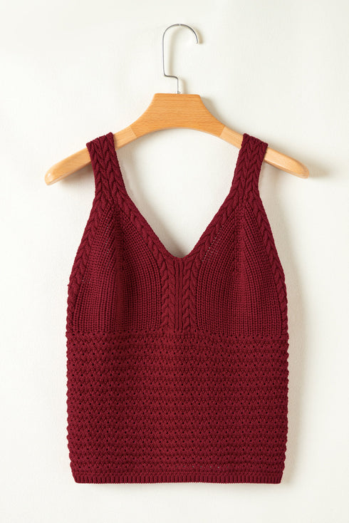 Boho Textured Cable V Neck Sleeveless Knit Tank Top