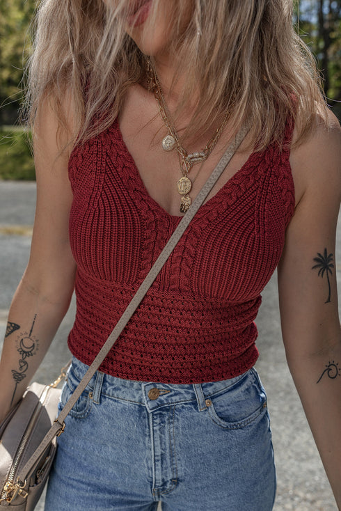 Boho Textured Cable V Neck Sleeveless Knit Tank Top