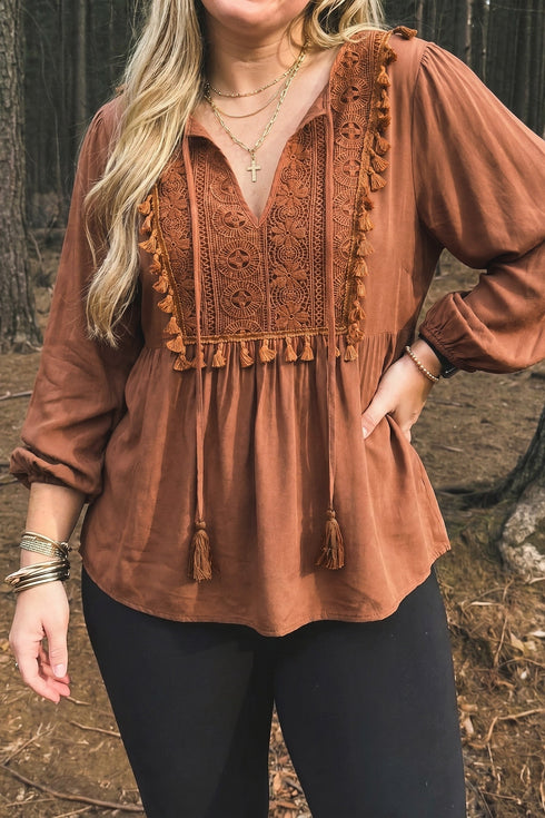 Boho V Neck Embroidered Tassel Long Sleeve Blouse