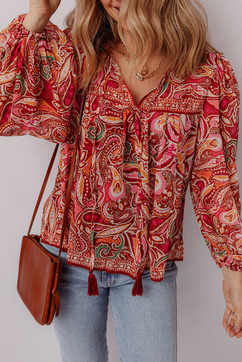 Boho Wanderlust Paisley Puff Sleeve Tassel Tie Blouse